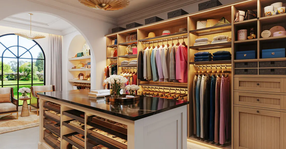 A blonde-oak walk-in with a black marble island and arched window.